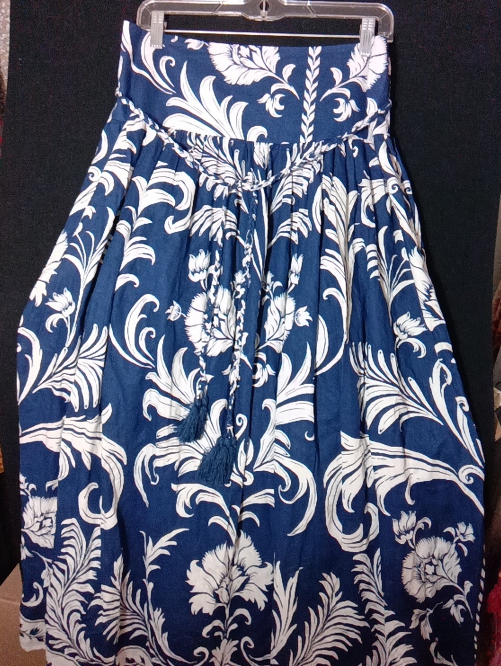 Nicole Miller Navy Blue and White Floral Maxi Skirt